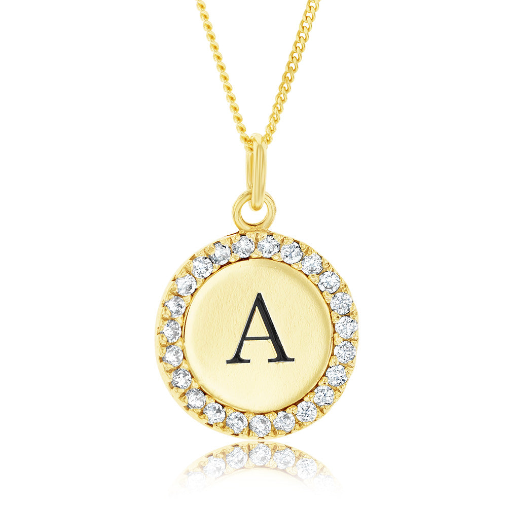 Sterling Silver Gold Plated Round Initial "A" Pendant On 45cm Chain