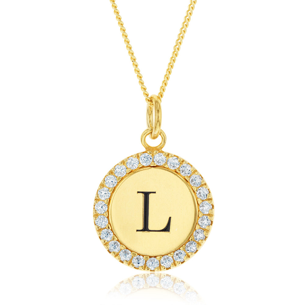 Sterling Silver Gold Plated Round Initial "L" Pendant On 45cm Chain