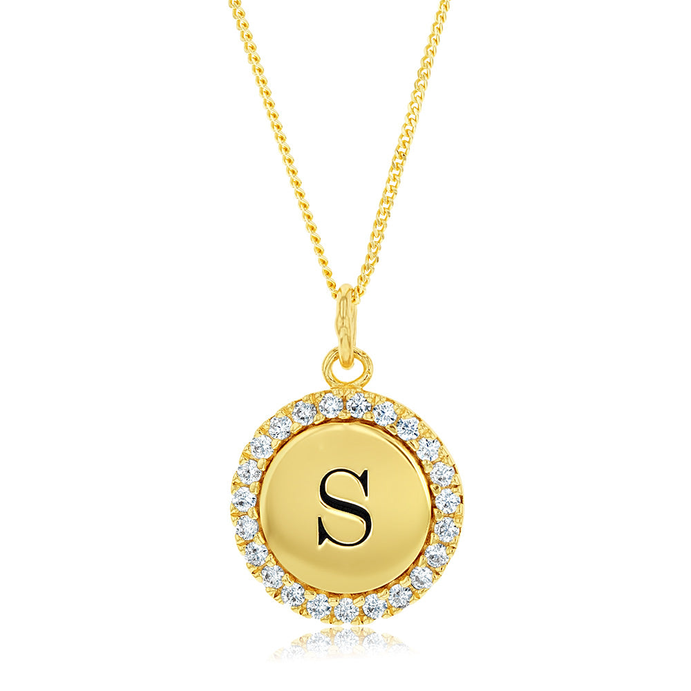 Sterling Silver Gold Plated Round Initial "S" Pendant On 45cm Chain