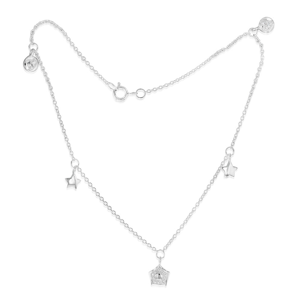 Sterling Silver Cubic Zirconia Leaf And Star Charm 25.4cm Anklet