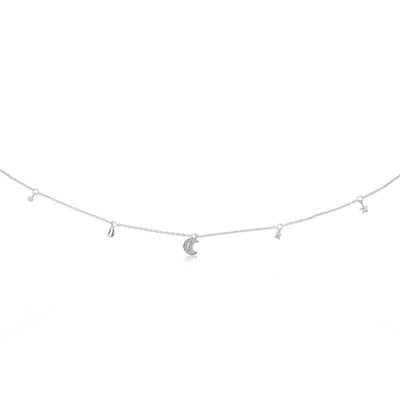 Sterling Silver Cubic Zirconia Stars And Moon Charms On 45cm Chain