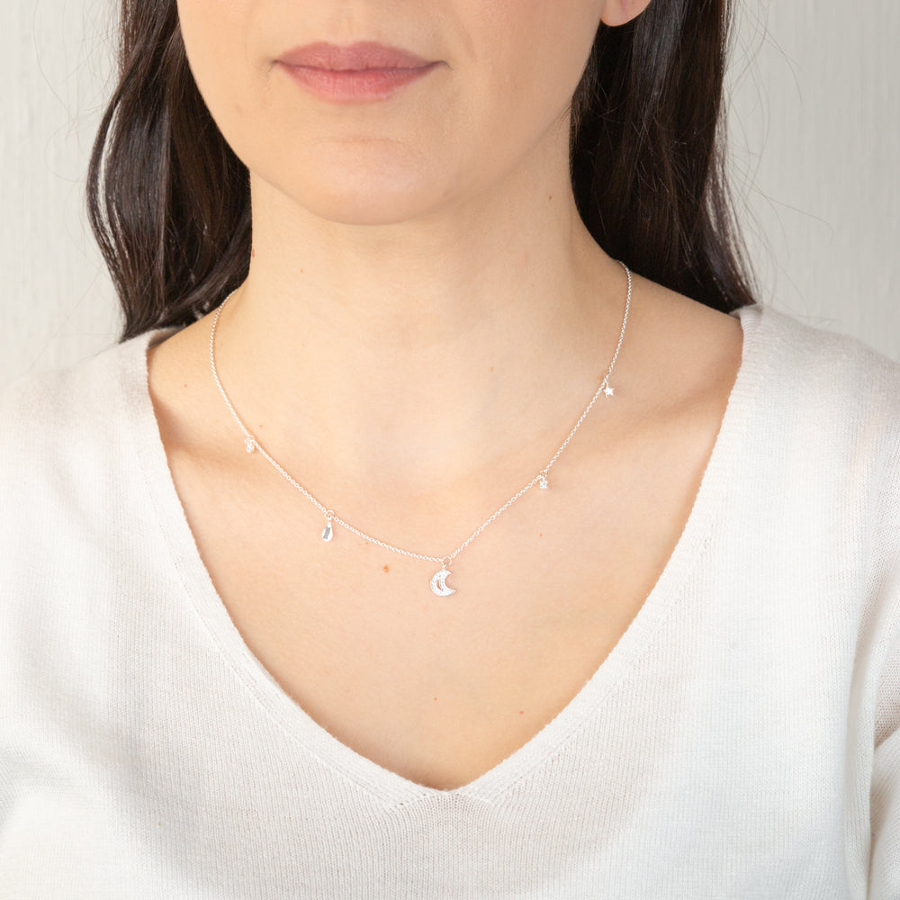 Sterling Silver Cubic Zirconia Stars And Moon Charms On 45cm Chain