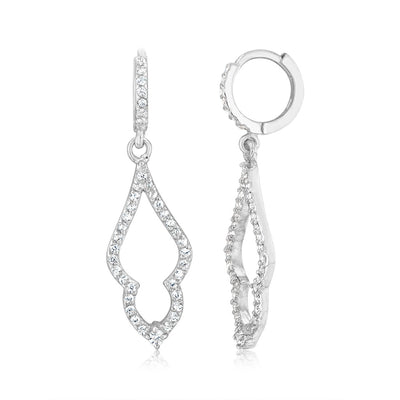 Sterling Silver Fancy Leaf Cubic Zirconia Hoop Drop Earrings