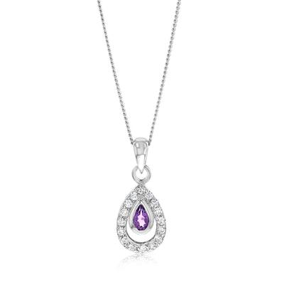 Sterling Silver Amethyst And Cubic Zirconia Pear Shaped Pendant