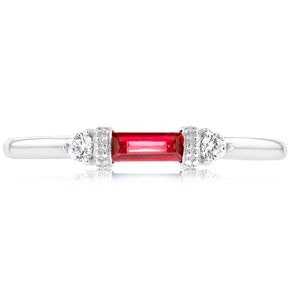 Sterling Silver Rhodium Plated Red Stone White Cubic Zirconia Ring