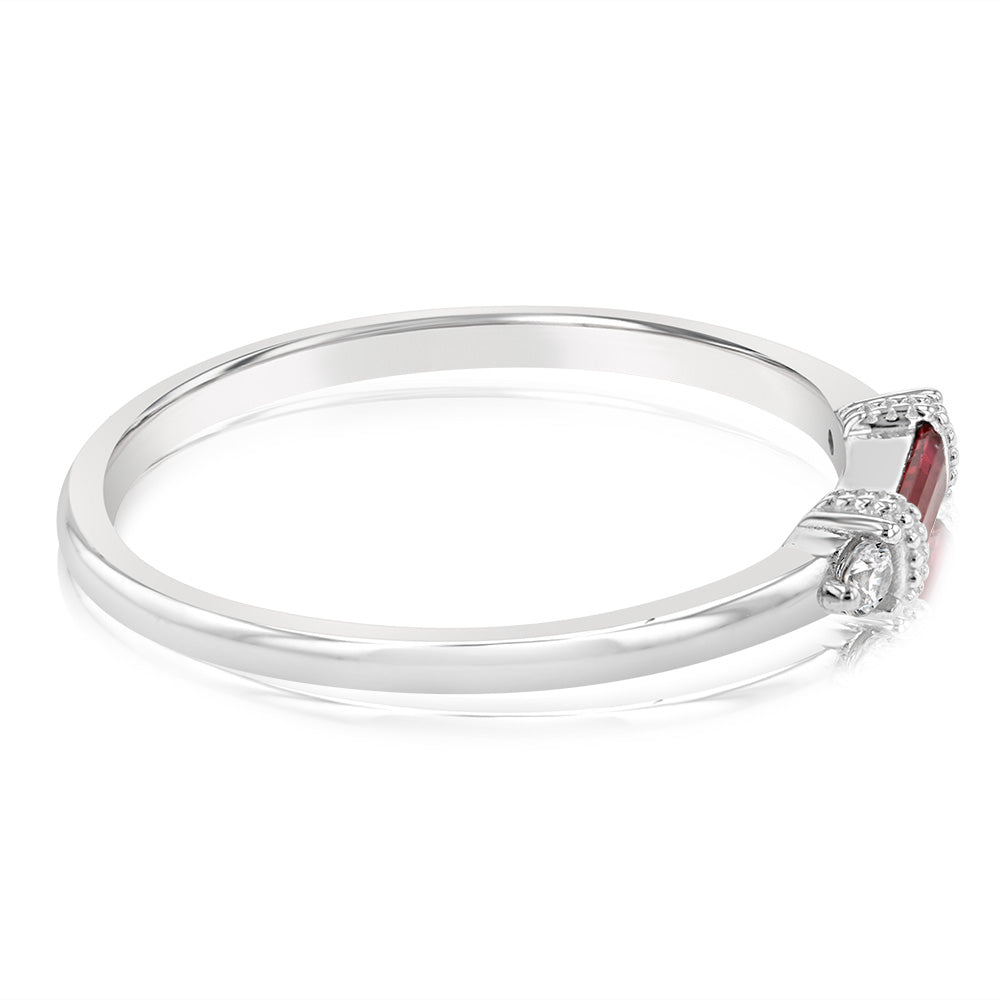 Sterling Silver Rhodium Plated Red Stone White Cubic Zirconia Ring