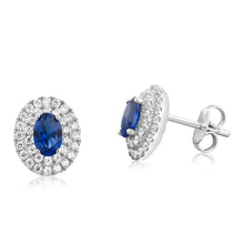 Load image into Gallery viewer, Sterling Silver Rhodium Plated Sapphire Coloured And White Cubic Zirconia Studs Earrings