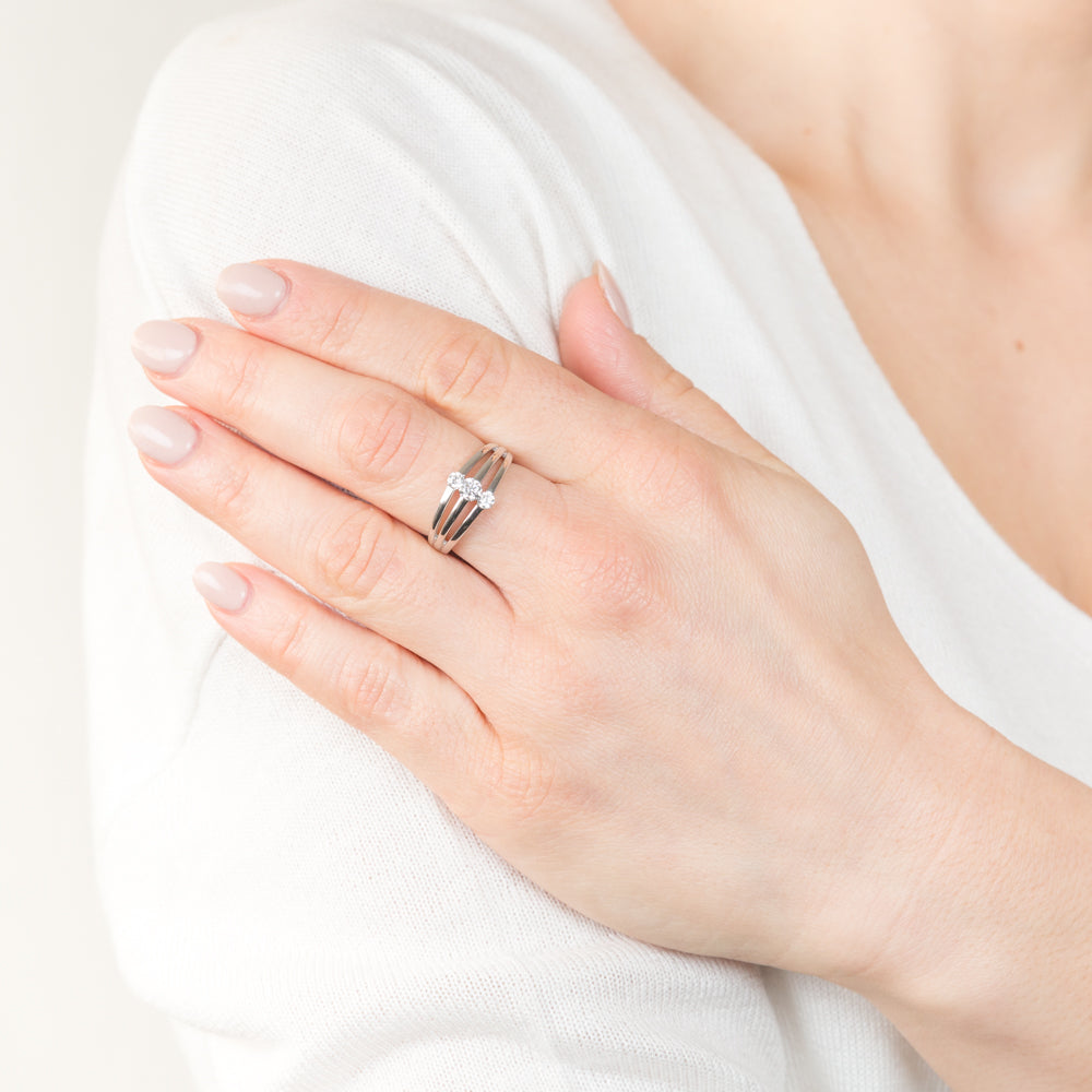 Sterling Silver Rhodium Plated Triple White Cubic Zirconia Ring