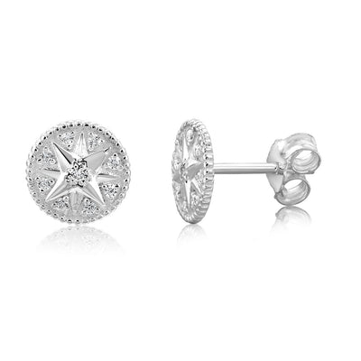 Sterling Silver Cubic Zirconia Star On Round Stud Earrings