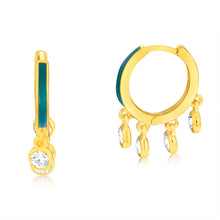 Load image into Gallery viewer, Sterling Silver Gold Plated Cubic Zirconia Blue Enamel Hoop Earrings