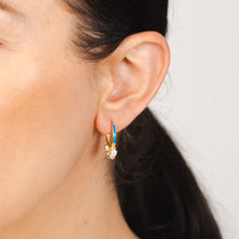 Load image into Gallery viewer, Sterling Silver Gold Plated Cubic Zirconia Blue Enamel Hoop Earrings