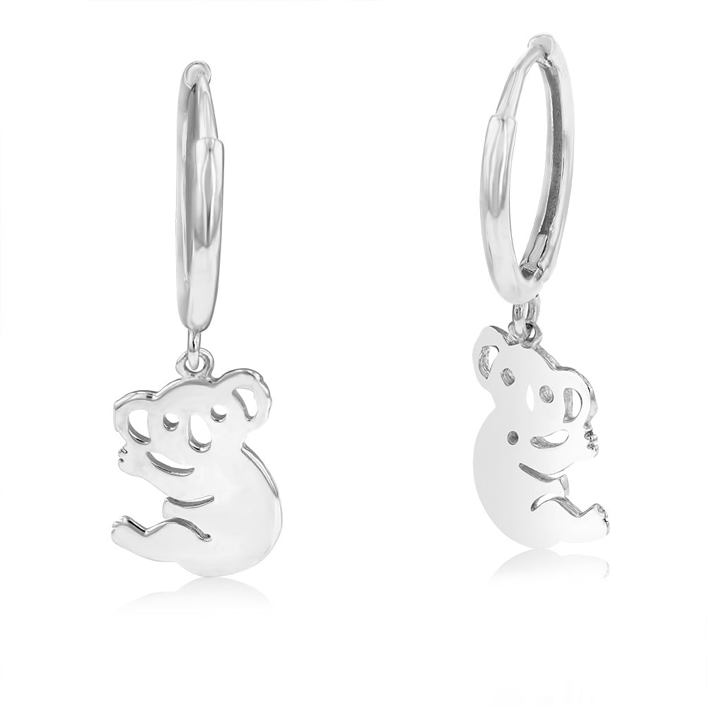 Sterling Silver Rhodium Plated Koala Hoop Earrings