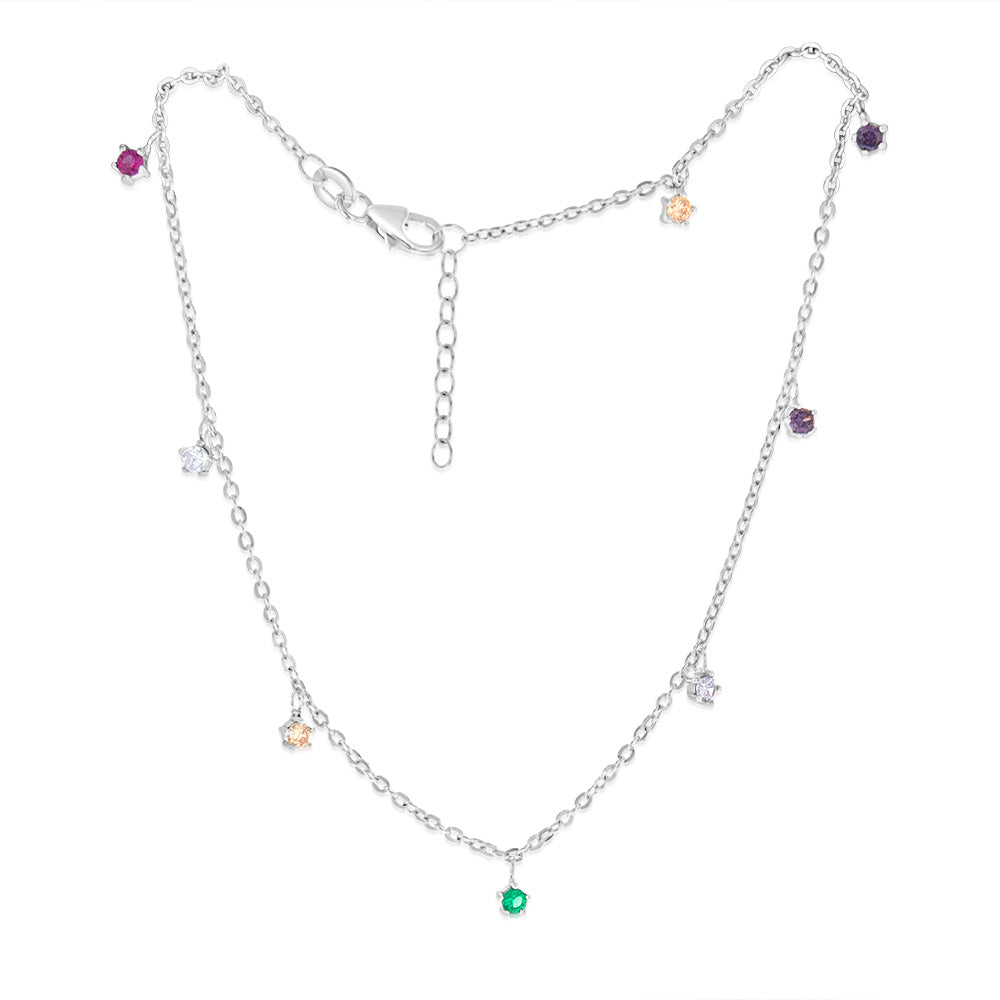 Sterling Silver Multicolor Zirconia Charm 27cm Anklet