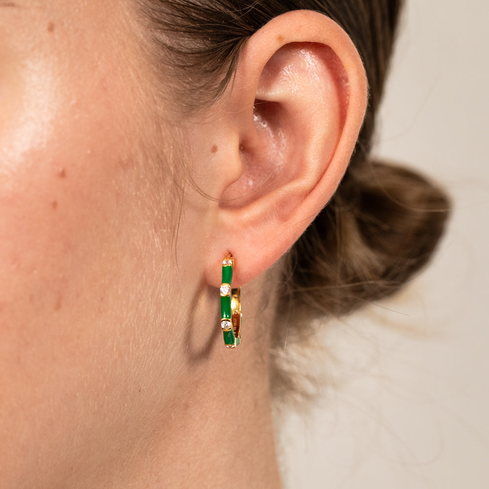 Sterling Silver Gold Plated Green Enamel And Zirconia 20mm Hoop Earrings