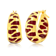 Load image into Gallery viewer, Sterling Silver Gold Plated Deep Red Enamel Tiger Pattern Wide 14mm Hoop Earrings