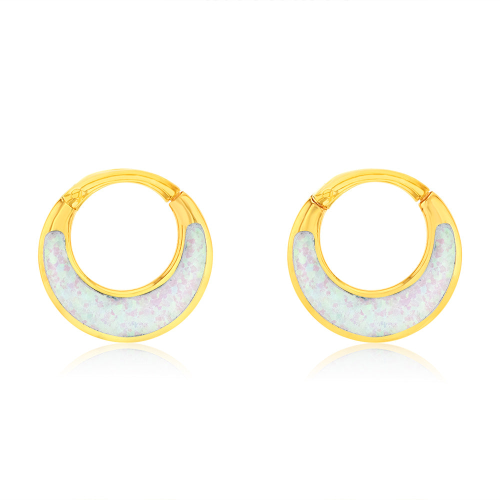 Sterling Silver Gold Plated Fancy Created Opal Hoop Earrings