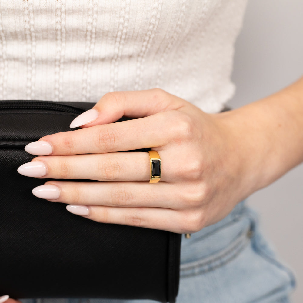 Sterling Silver Gold Plated Black Rectangle Zirconia Ring