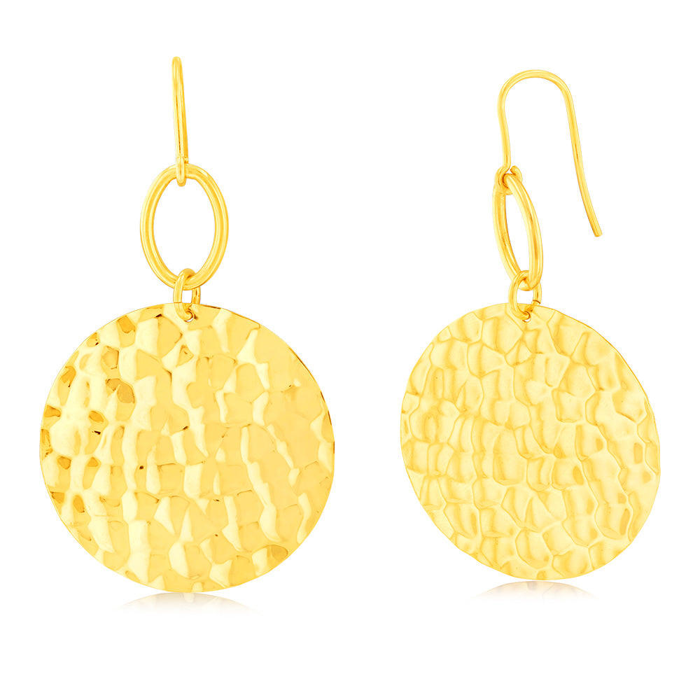 Sterling Silver Gold Plated Patterned Round Disc Hook Earrings