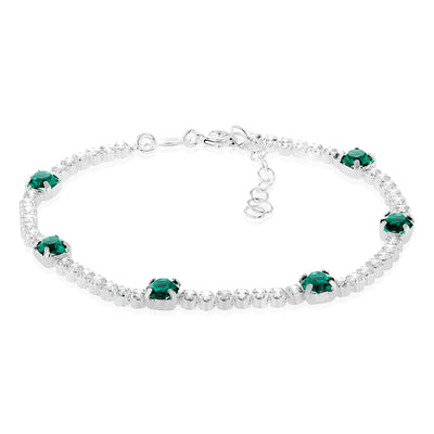 Sterling Silver Green Crystal And White Zirconia 15.5+4cm Tennis Bracelet