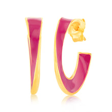 Load image into Gallery viewer, Sterling Silver Gold Plated Pink Enamel 3/4th Hoop Earrings