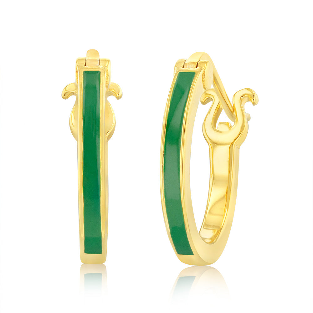 Sterling Silver Gold Plated Green Enamel Hoop Earrings