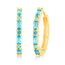 Load image into Gallery viewer, Sterling Silver Gold Plated Sky Blue Zirconia Hoop Earrings