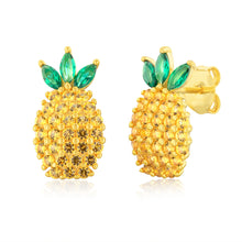 Load image into Gallery viewer, Sterling Silver Gold Plated Yellow And Green Zirconia Pineapple Stud Earrings