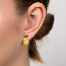 Load image into Gallery viewer, Sterling Silver Gold Plated Yellow And Green Zirconia Pineapple Stud Earrings