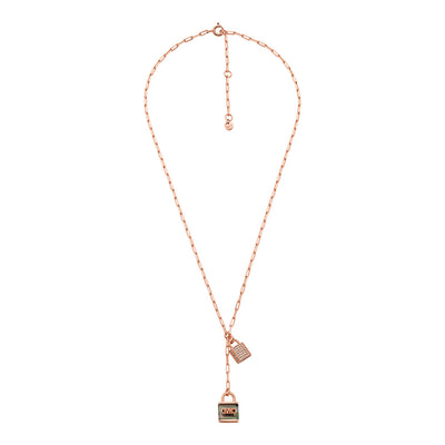 Michael Kors Rose Gold Plated Sterling Silver Pave And Grey Mother Of Pearl Locks Pendant On Paperclip Chain