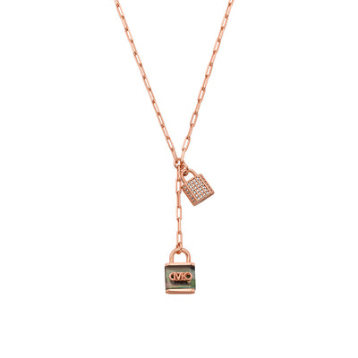 Michael Kors Rose Gold Plated Sterling Silver Pave And Grey Mother Of Pearl Locks Pendant On Paperclip Chain