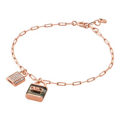 Michael Kors Rose Gold Plated Sterling Silver Pave And Grey Mother Of Pearl Locks On Bracelet