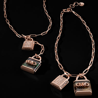 Michael Kors Rose Gold Plated Sterling Silver Pave And Grey Mother Of Pearl Locks On Bracelet