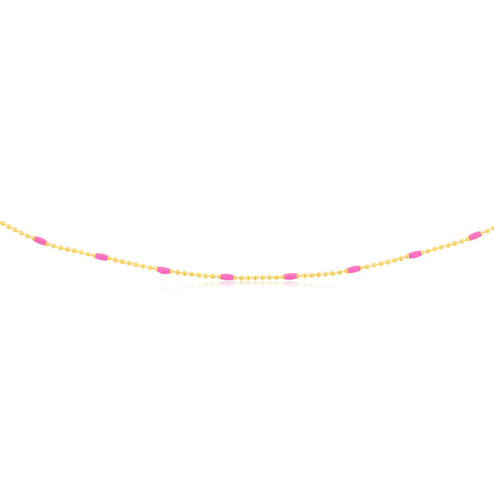 Sterling Silver Gold Plated Pink Enamel Bead 45cm Chain