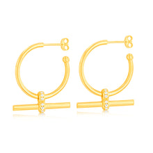 Load image into Gallery viewer, Sterling Silver Gold Plated Zirconia Bar 3/4th Hoop Earrings