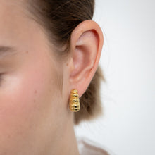 Load image into Gallery viewer, Sterling Silver Gold Plated Ribbed J Shaped 3/4th Hoop Earrings