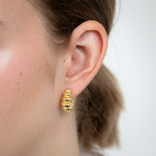 Load image into Gallery viewer, Sterling Silver Gold Plated Ribbed J Shaped 3/4th Hoop Earrings