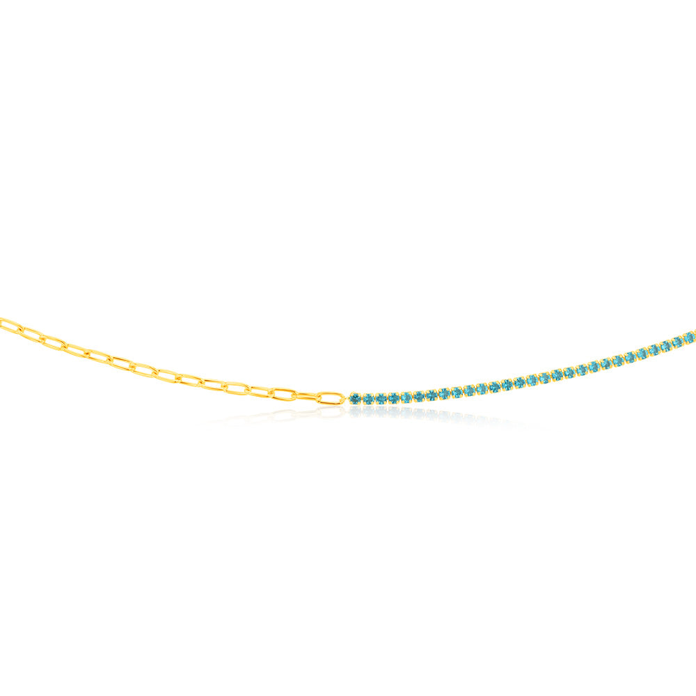 Sterling Silver Gold Plated Greenish Blue Zirconia Paperclip 45.7cm Chain