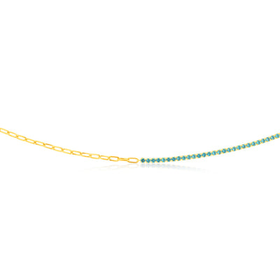 Sterling Silver Gold Plated Greenish Blue Zirconia Paperclip 45.7cm Chain