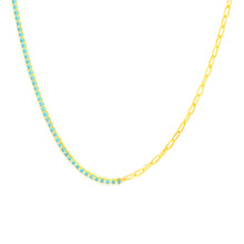 Load image into Gallery viewer, Sterling Silver Gold Plated Greenish Blue Zirconia Paperclip 45.7cm Chain