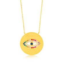 Load image into Gallery viewer, Sterling Silver Gold Plated Multicolour Zirconia Evil Eye Round Disc Pendant On 45cm Chain