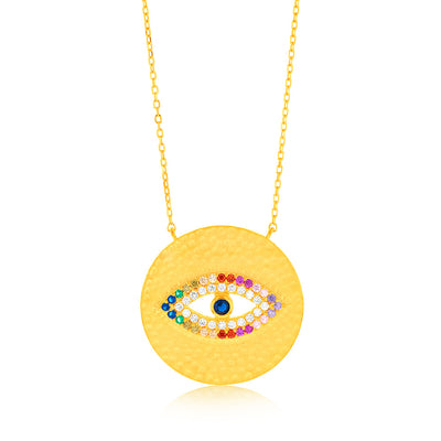 Sterling Silver Gold Plated Multicolour Zirconia Evil Eye Round Disc Pendant On 45cm Chain