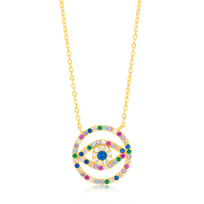 Sterling Silver Gold Plated Multicolour Zirconia Evil Eye Pendant on 45.7cm Chain