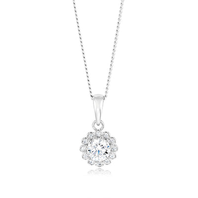 Sterling Silver Cubic Zirconia Halo Pendant And Stud Earrings Set
