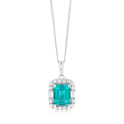 Sterling Silver Rhodium Plated White And Emerald Green Cubic Zirconia Rectangle Pendant