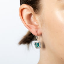 Load image into Gallery viewer, Sterling Silver Rhodium Plated White And Emerald Green Cubic Zirconia Rectangular Drop Earrings