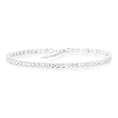 Sterling Silver Rhodium Plated White Princess Cut Zirconia 16.5+3cm Tennis Bracelet