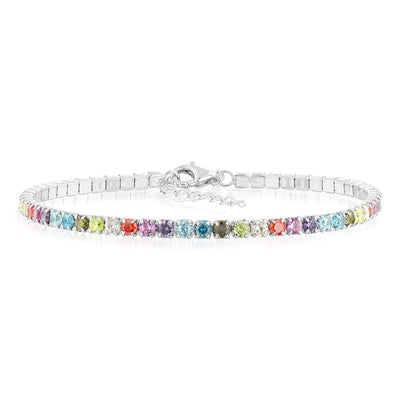 Sterling Silver Rhodium Plated Multicolour Round Zirconia 16.5+3cm Tennis Bracelet
