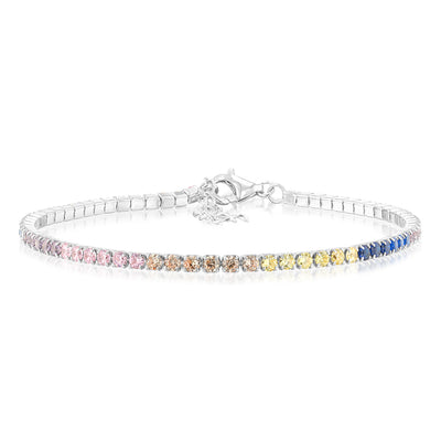 Sterling Silver Rhodium Plated Multicolour Round Zirconia 16.5+3cm Tennis Bracelet