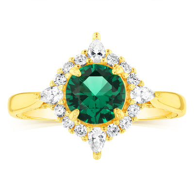 Sterling Silver Gold Plated Nano Emerald And White Zirconia Fancy Ring