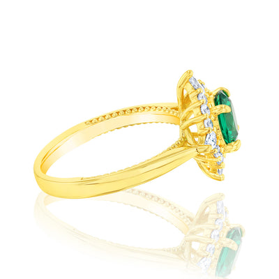 Sterling Silver Gold Plated Nano Emerald And White Zirconia Fancy Ring